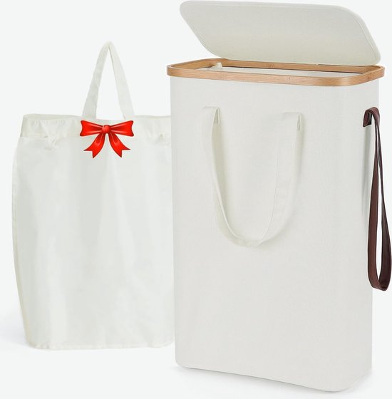Smalle wasmand met deksel en waszak - 52 liter - Opvouwbaar - Bamboe - Waterdichte stof Wasmand 2.0
