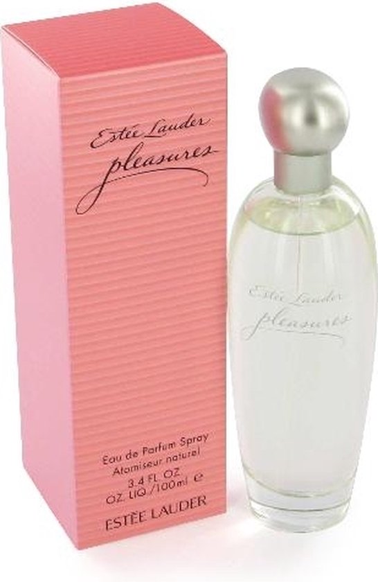 Estée Lauder Pleasures Eau de Parfum Spray 100ml met bijpassende roze gestreepte doos.