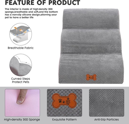 Bounabay 3 treden huisdiertrap hondentrap kattentrap met pluche bekleding ladder hondenhelling voor kleine honden teddy, sponsladder, 60 x 42 x 39 cm (A