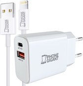PhoneGigant Chargeur USB A / USB C 20W + Câble USB A vers Lightning - 2 Mètres - Chargeur rapide - Adapté pour Apple - Wit