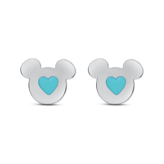 Disney 4-DIS048 Mickey Mouse Oorbellen - Mickey Oorknopjes - Disney Sieraden - 7,2x7,7mm - Blauw Hartje - Staal - Hypoallergeen - Zilverkleurig
