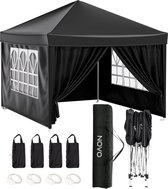 Tente de fête NOVO® - Facile à monter - 3 x 3m - Pavillon avec panneaux latéraux - Pliable - Tente étanche - Réglable en hauteur - Zwart