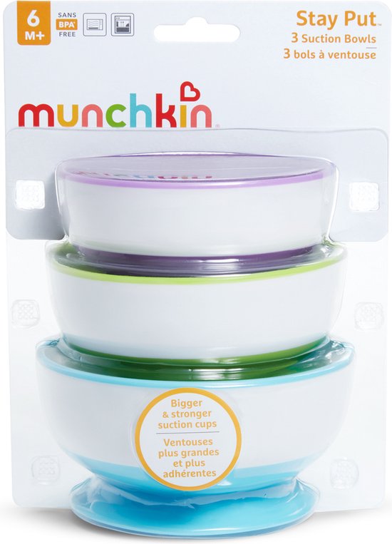 Munchkin Suction Bowls - Kommetjes met Zuignap - Per 3 Stuks - Vaatwasser en Magnetronbestendig - Vanaf 6 Maanden - Paars/Groen/Blauw - Munchkin