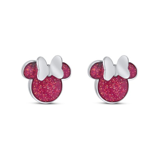 Disney 4-DIS045 Boucles d'oreilles Minnie Mouse - Clips d'oreilles - Bijoux Disney - 8x8mm - Résine rose - Acier - Hypoallergénique - Couleur argent