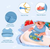 Babyborden, kinderborden, 8 stuks, antislip serviesset met lepel, gedeelde plaat en slabbetjes, BPA-vrij, siliconen kinderserviesset, babybord, kom voor peuters en kinderen, blauw
