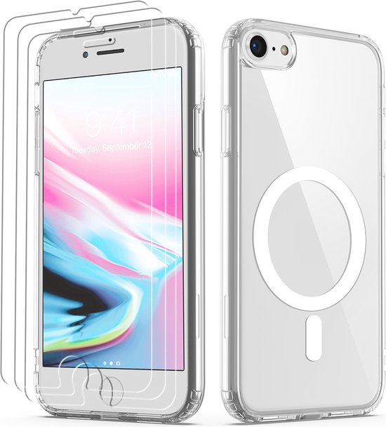 Nuvex Magsafe Hoesje Geschikt voor iPhone SE 2022 - Met 3x Screenprotector + 3x Cameraprotector - Magnetisch met Ring Doorzichtig - Telefoonhoesje Transparant Case