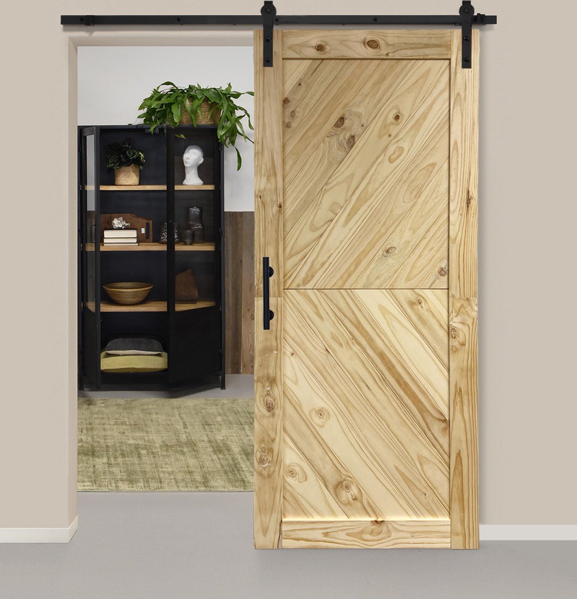 Barnwoodweb Doe het zelf houten schuifdeur - visgraat - grenen - 95x215 cm - zelfmontage - inclusief schuifdeursysteem en handgreep