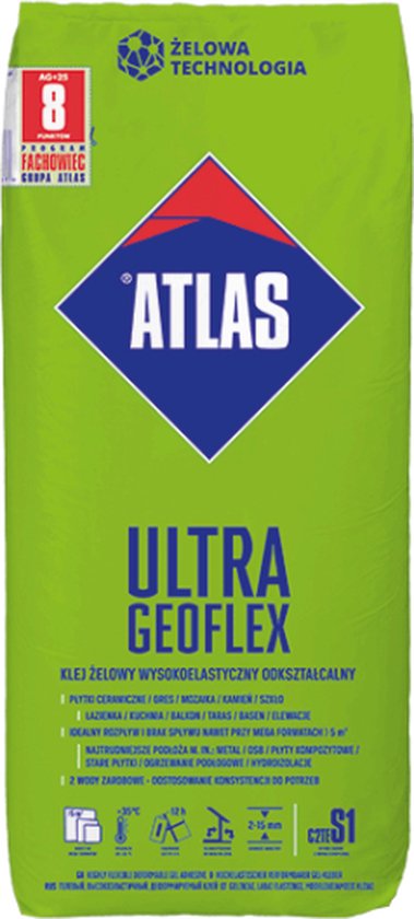 Groene zak met 'ATLAS ULTRA GEO FLEX' in blauwe letters, geschikt voor vloerverwarming en XXL tegels.