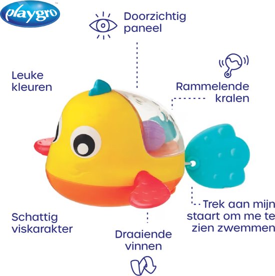 Gele badeend visje met oranje onderkant, rode vinnen, blauwe staart en transparante buik met kralen.