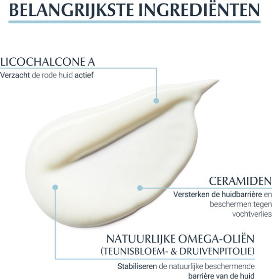 Een witte crème met Licocalchalone A, Ceramiden en natuurlijke Omega-oliën voor de huidbarrière.