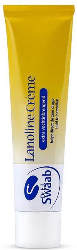 Crème tube 'Dr. E.J. Swaab Lanoline Crème' voor de zeer droge huid, helpt de huid te herstellen, extra vochtinbrengend, trekt snel in.