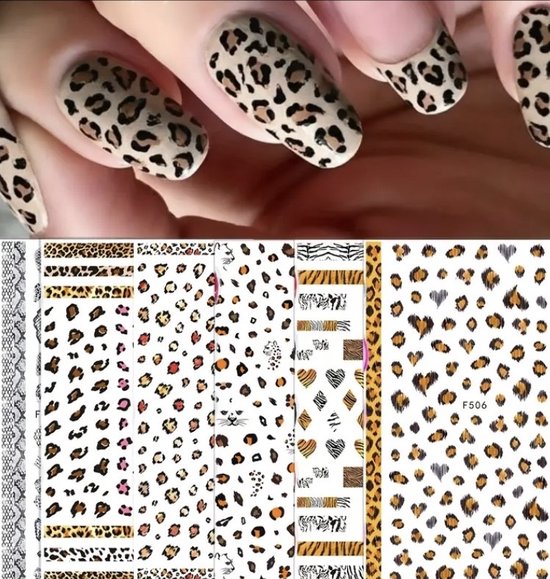Gedetailleerde close-up van nagelstickers met panterprint, hartjes, zebraprint en slangenprint in bruin-, zwart- en wittinten.