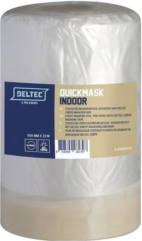 Een rol Deltec Quickmask indoor afdekfolie, 550 mm x 33 m, met crepe maskerband.