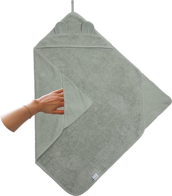 Nifty - Baby Shower Glove met 2-in-1 Badcape en Washandje - Baby Washandje - Lange washand - Badcape 100x100 - Washandje Baby - Biologisch Katoen - Olive van Nifty — afbeelding 5