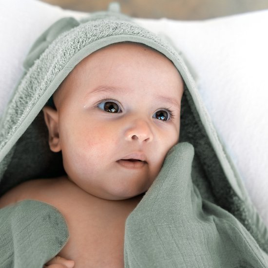 Nifty - Baby Shower Glove met 2-in-1 Badcape en Washandje - Baby Washandje - Lange washand - Badcape 100x100 - Washandje Baby - Biologisch Katoen - Olive van Nifty — afbeelding 2