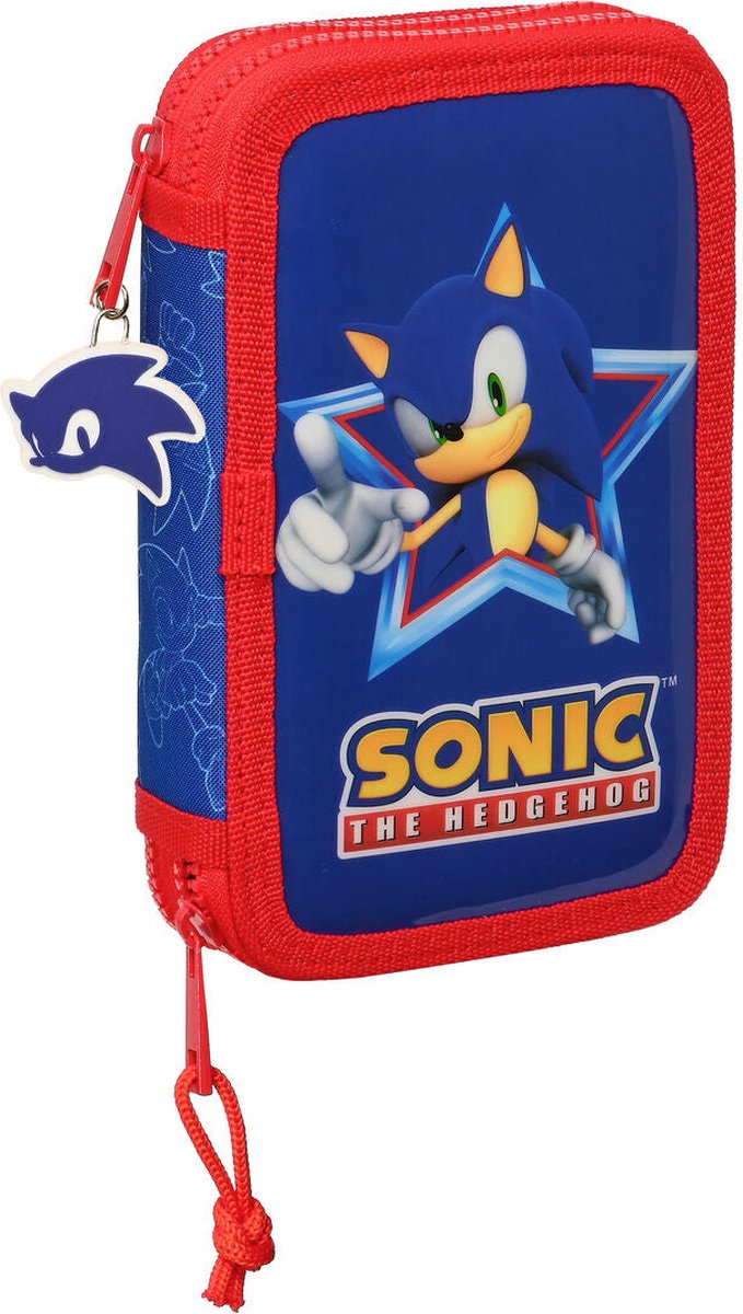Dubbele etui Sonic Let's roll Marineblauw 12.5 x 19.5 x 4 cm (28 Onderdelen)