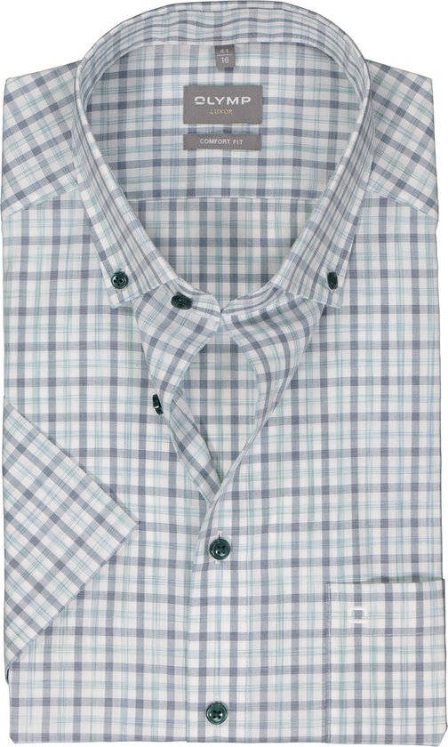 OLYMP comfort fit overhemd - korte mouw - popeline - wit met groen en blauw geruit - Strijkvrij - Boordmaat: 43