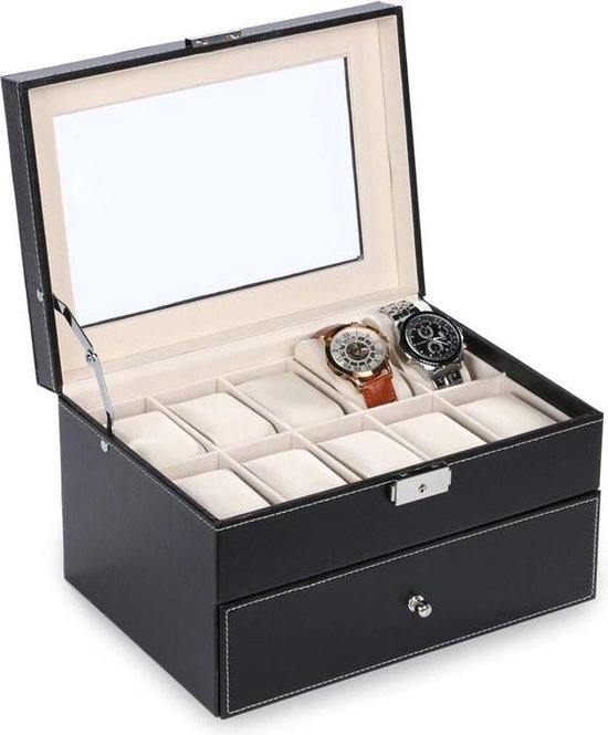 Aretica Horlogebox - Sieradendoos - Geschikt voor 20 horloges - Fluweel - Kunstleer - Zwart