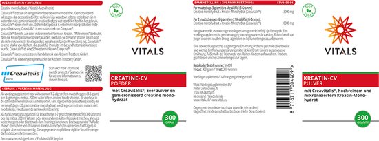 Vitals Creatine-CV poeder pot met 300 gram vermelding en productinformatie.
