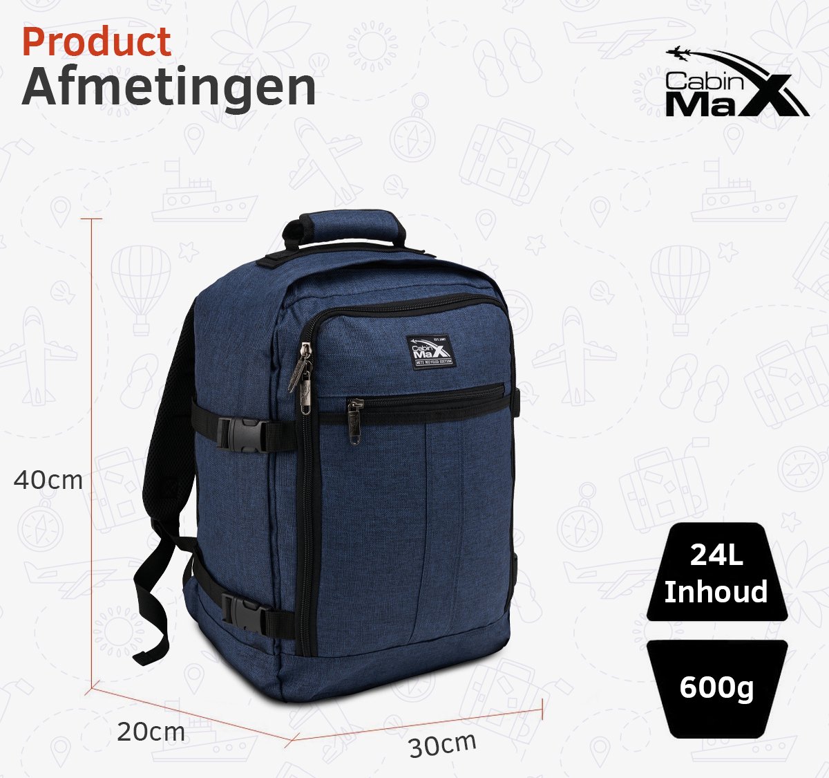 CabinMax Metz Reistas – Handbagage 24L Wizz Air – Rugzak Transavia – Schooltas - 40x30x20 cm – Compact Backpack – Lichtgewicht – Atlantic Bauw – foto 7