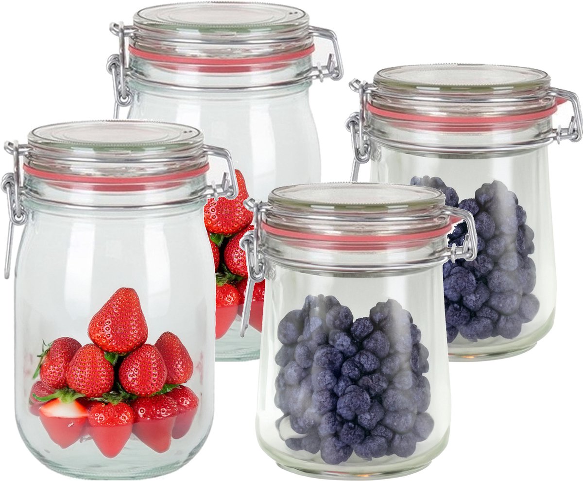 Weckpotten/inmaakpotten - set 4x stuks - 1000 ml/720 ml - glas - met beugelsluiting - luchtdicht
