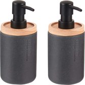 Berilo pompe/distributeur de savon Lotions - 2x - noir mat - polyrésine/bambou - 18 x 8 cm - 300 ml - salle de bain/toilette/cuisine