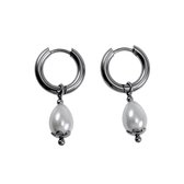 ∅15mm Oorbellen Dames - Gepolijst RVS - Oorringen met Witte Druppelhangers