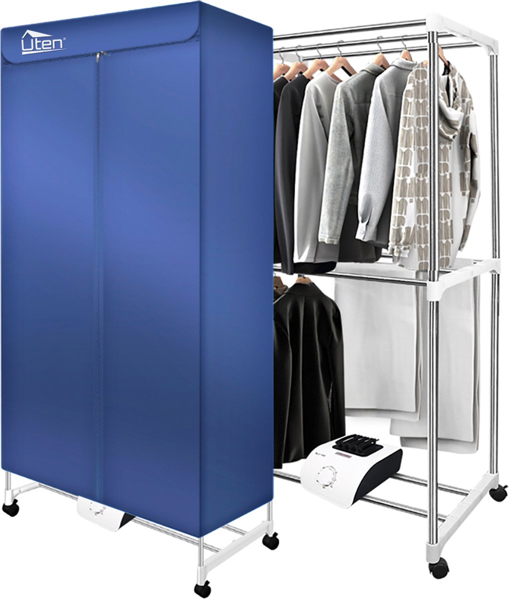 Uten Draagbare elektrische droger Gr886 - 2 lagen droog Design - Warmtepompdroger - 1500 W - Timer 0-180 Min - Elektrisch Droogrek met Verwarming - Wasdroger - Tot 15kg wasgoed - Als wasdroger, droogrek en Kledingkast- Hoogte 1.5 M - Blauw