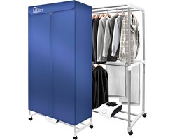Uten Draagbare elektrische droger Gr886 - 2 lagen droog Design - Warmtepompdroger - 1500 W - Timer 0-180 Min - Elektrisch Droogrek met Verwarming - Wasdroger - Tot 15kg wasgoed - Als wasdroger, droogrek en Kledingkast- Hoogte 1.5 M - Blauw