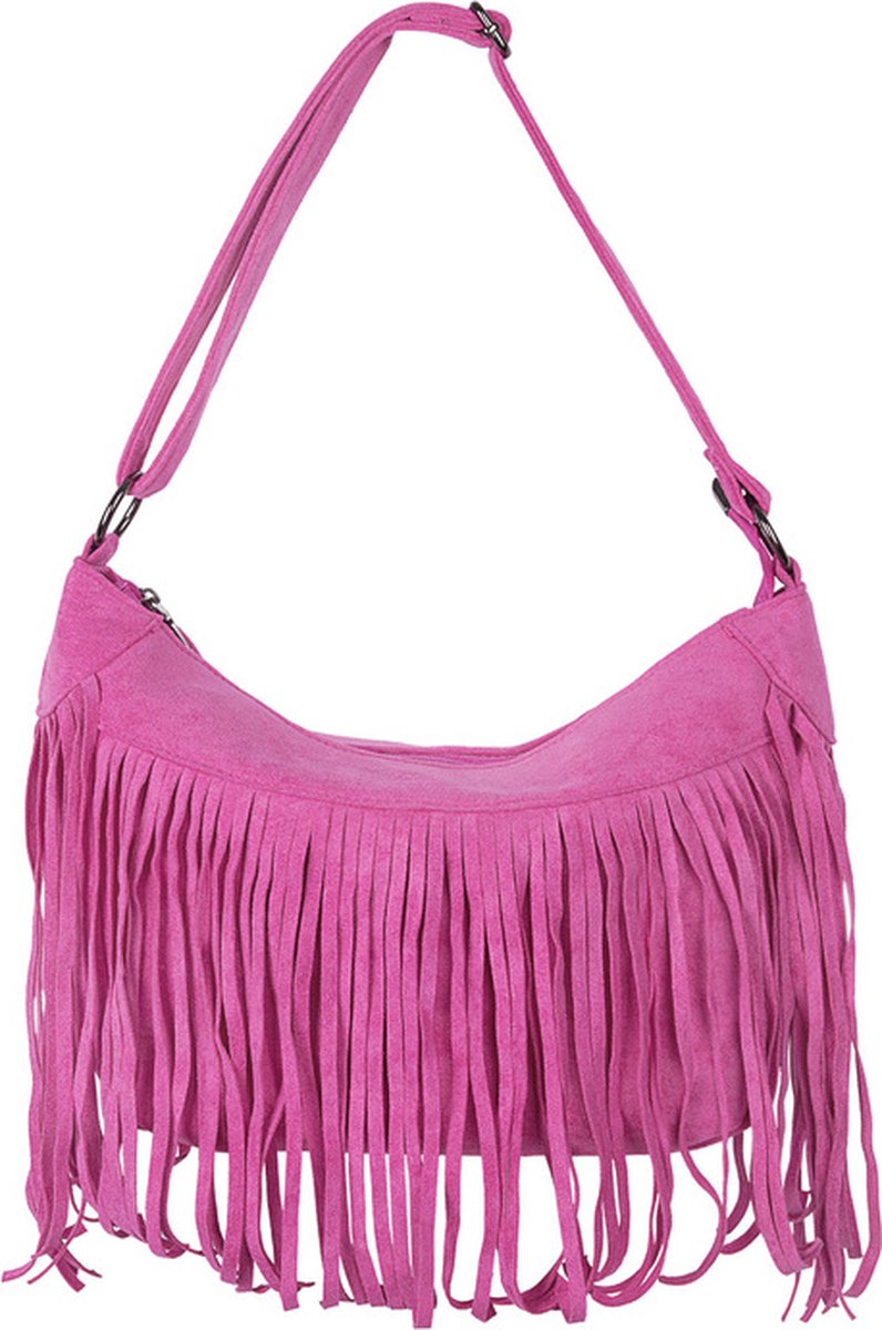 Fuchsia Suedine Schoudertas Franjes - Suedine Boho Dames Tassen - Fringe Voor - Verstelbaar Hengsel - Fuchsia