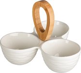 Serveerschaal met 3 kommetjes voor Nootjes/borrelhapjes/chips - Porcelein met Bamboe