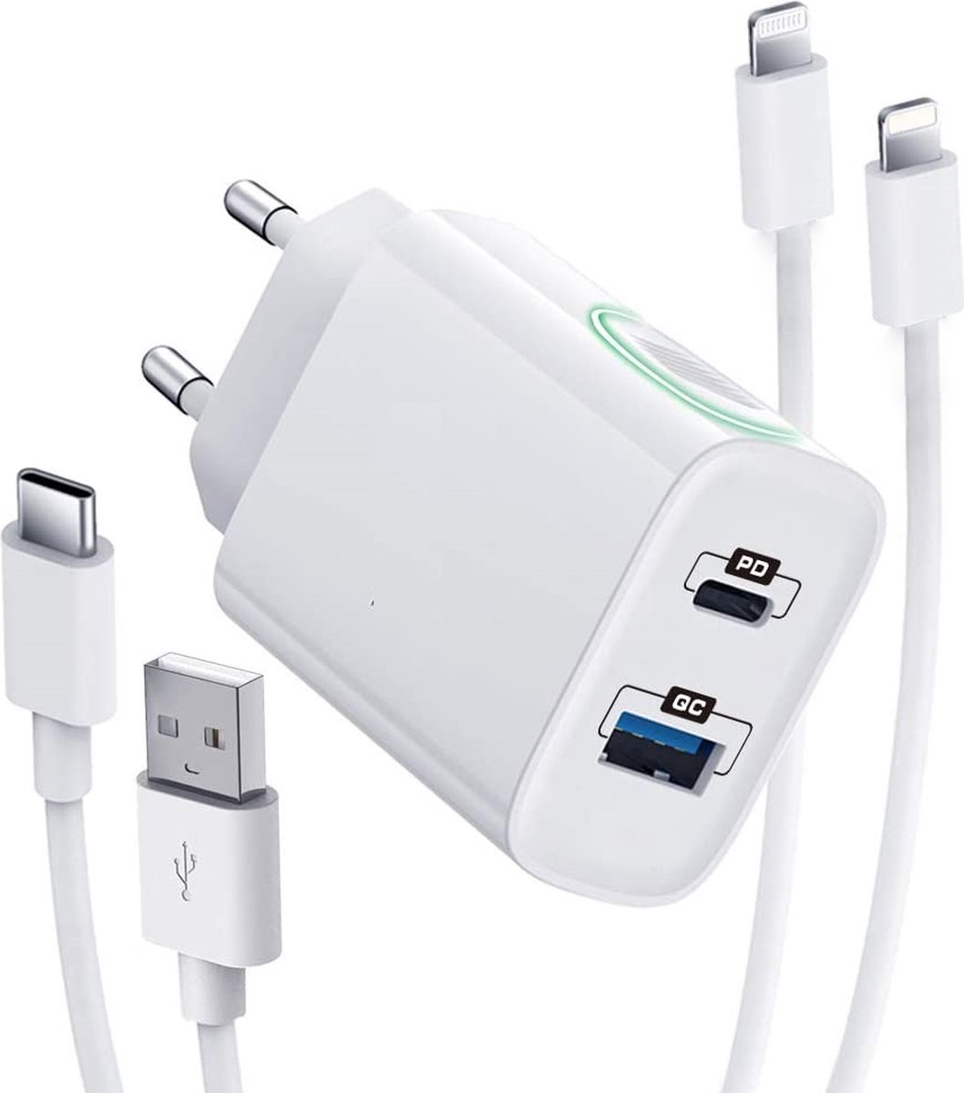 2-Poorten Oplaadstekker met 2x Oplader Kabel - Geschikt voor iPhone Snellader USB C