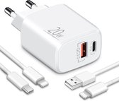 USB C Snellader met 2x Oplaadkabel - Geschikt voor iPad, iPhone - Lader met USB C Kabels - Oplader 20W