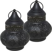 Tuin deco lantaarn - 2x - Marokkaanse sfeer stijl - zwart/goud - D12 x H16 cm - metaal - buitenverlichting - buitenverlichting