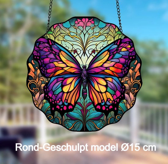 Allernieuwste.nl® Raamhanger Raamdecoratie Kleurrijke Vlinder 2 - Kleurige Zonnevanger Rond-geschulpt Acryl met Ketting - Suncatcher Rond-Geschulpt model 15 cm %%