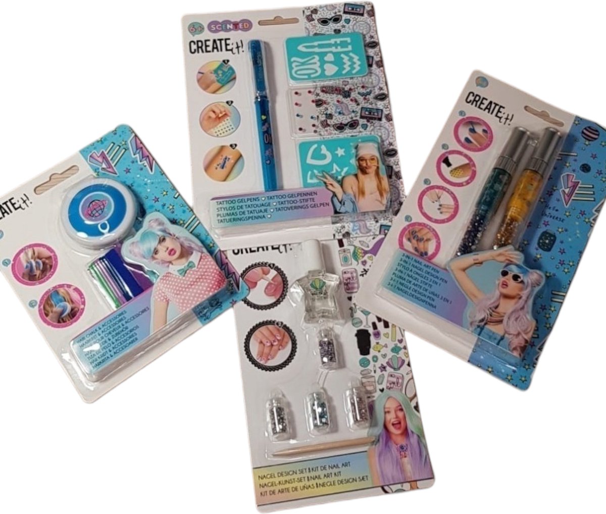 Make up set blauw voor kinderen - haarkrijt - tattoopen - galaxy nailart -nagellak met accesaires