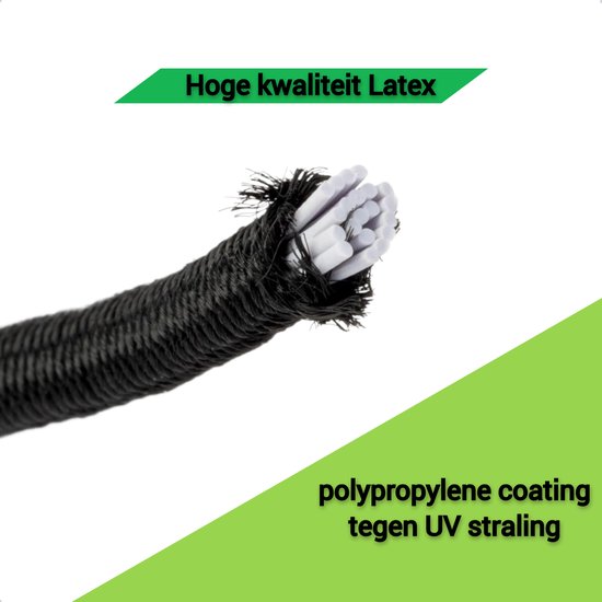 Close-up van een zwart elastiek met een polypropyleen coating tegen UV-straling.