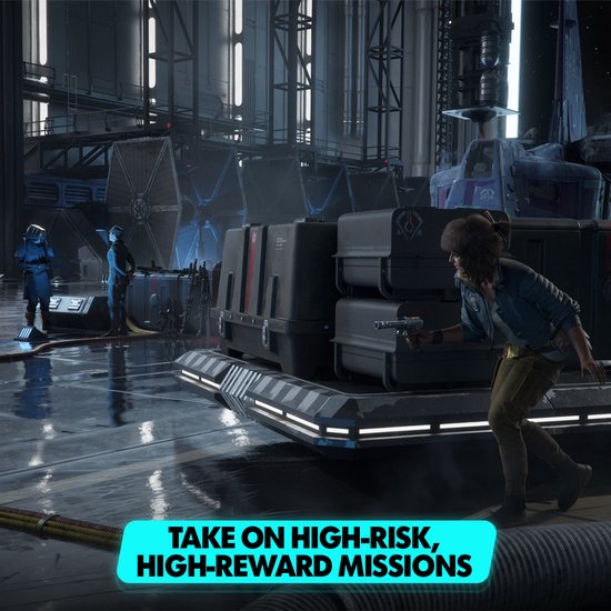 Een vrouw met een blaster in een hangar. Twee stormtroepers staan aan de linkerkant, een paars schip in de verte.