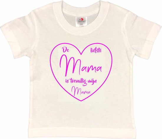 T-shirt Kinderen "De liefste mama is toevallig mijn mama" Moederdag | korte mouw | Wit/Fluor pink | maat 134/140