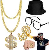 4 Stuks Hip Hop Kostuumset, Dollar Ketting, Zonnebril, Gouden Ring Dollartekens, Bucket Hoed, Rapperaccessoires Uit de Jaren 80/90, Voor Mannen en Vrouwen
