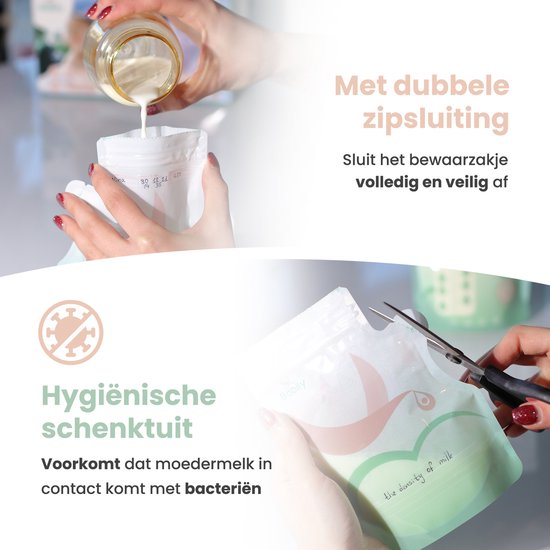 Moedermelk zakjes met dubbele zipsluiting en hygiënische schenktuit.
