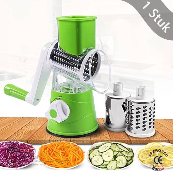 Borvat® Râpe à fromage avec manivelle - coupe-légumes avec 3 lames de tambour interchangeables en acier inoxydable - râpe à tambour manuelle - coupe-légumes - forte aspiration - idéal pour les concombres - fromages et noix - carottes, etc.