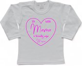 T-shirt Kinderen "De liefste mama is toevallig mijn mama" Moederdag | lange mouw | Wit/fluor pink | maat 92