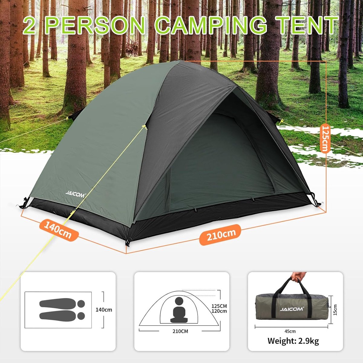 Tente De Camping Ultralégère 2 Places - Imperméable PU1500, Double Porte, Montage Rapide, Sac Inclus