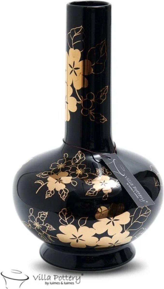 Irishflowers Vaas - Porselein - Villa Pottery - Waterdicht - Decoratie - Woondecoratie - Moederdag - Happy Flowers 2 Black Gold Zwart