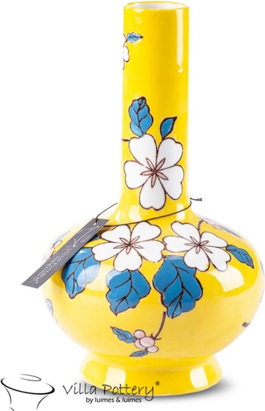 Vaas - Villa Pottery - Porselein - Decoratie - Woondecoratie - Waterdicht - Moederdag - Happy Flowers 2 Yellow