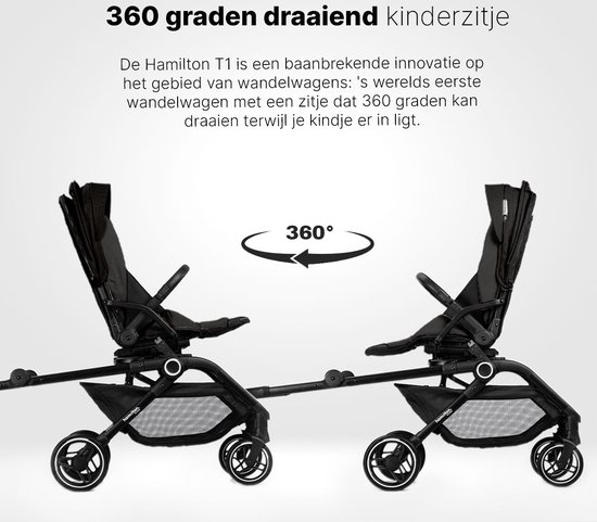 Hamilton by Yoop T1 Buggy - 360° Draaibare Stoel - MagicFold™ Technologie - Inklapbaar - Reflecterende Wielen mét Vering - Inclusief beschermtas en bekerhouder - Verstelbare en Wendbare Kinderwagen - Lichtgewicht Wandelwagen - Plooibuggy - Zwart van Yoop — afbeelding 2