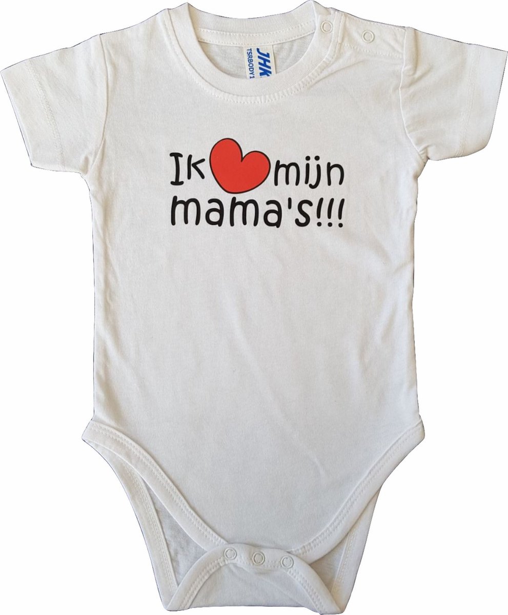 Witte romper met "Ik hou van mijn mama's" - 3 maanden - moederdag, zwanger, cadeautje, kraamcadeau, grappig, geschenk, baby, tekst, bodieke