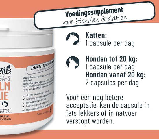 Tekst over Aniculis Zalmolie capsules voor honden en katten, dosering en gebruik.