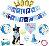 29-delige honden verjaardags set WOOF blauw met goud en wit - huisdier - hond - verjaardag - woof - slinger - ballon - strik - hoed